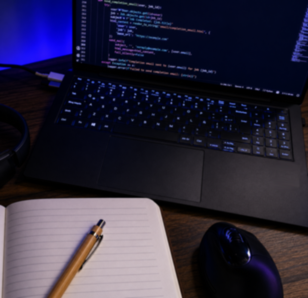 Espacio de trabajo profesional con computador portátil utilizado para gestión de proyectos, análisis de información y desarrollo de soluciones tecnológicas.