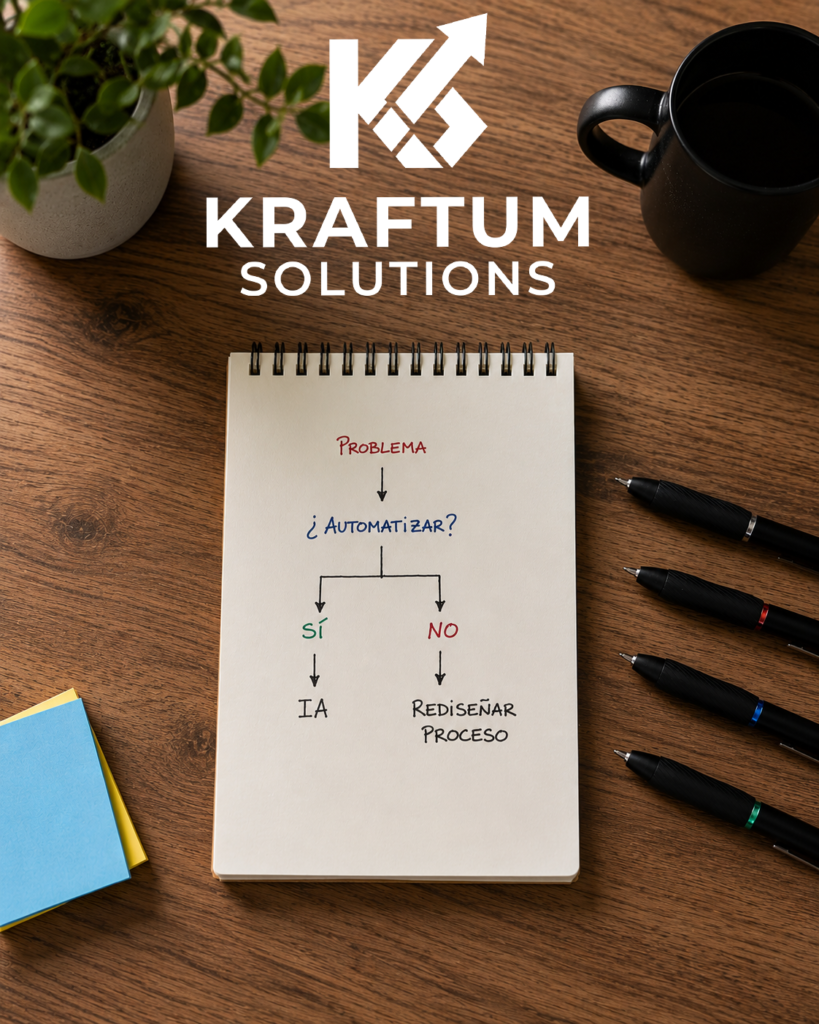Diagrama de decisión para evaluar si un proceso debe automatizarse o rediseñarse antes de implementar inteligencia artificial o nuevas tecnologías.